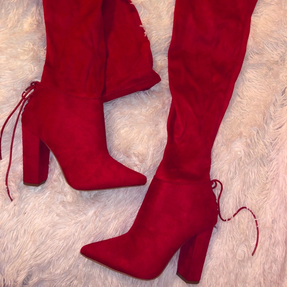 Red suede knee high heel boots